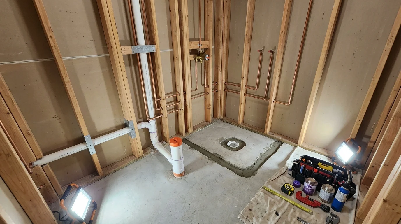 Bathroom rough-in plumbing during remodel by Johns Plumbing LLC in Oconto Falls