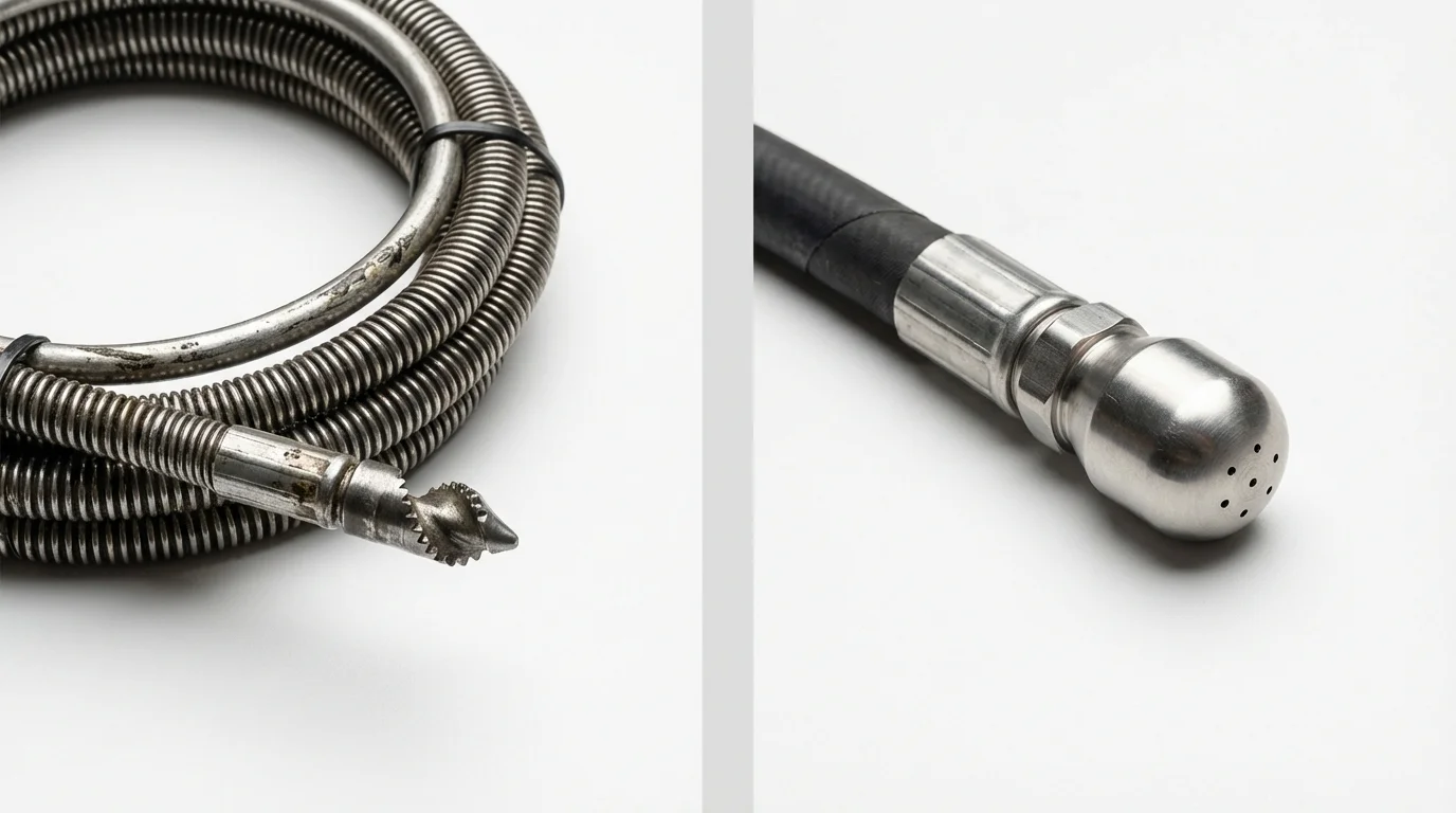 Drain snake cable and hydro jetting nozzle used for drain cleaning in Oconto Falls, WI