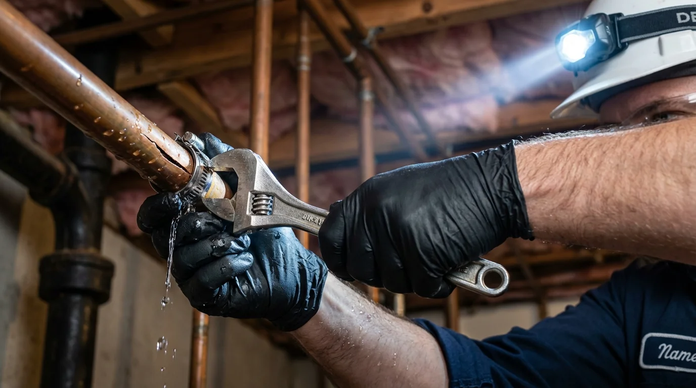 Emergency pipe clamp repair being performed by a Johns Plumbing LLC plumber in Oconto Falls