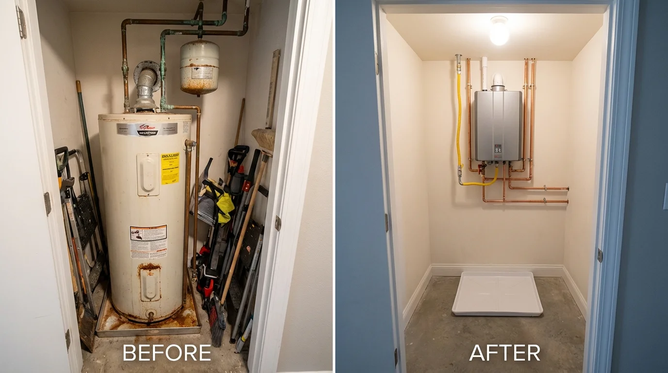 Tank water heater versus wall-mounted tankless unit comparison for Oconto Falls, WI homeowners