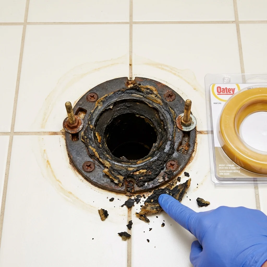 Failed wax ring showing water seepage at the base of a toilet in a Oconto Falls, WI home