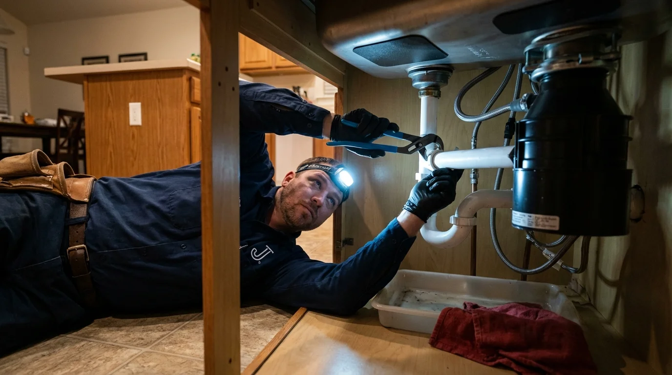 P-trap and supply line connections under a kitchen sink showing a common leak point in Oconto Falls, WI